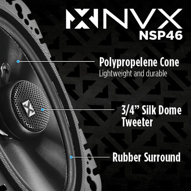 NVX NSP46 300W Peak (100W RMS) 4x6 2-Way N-Series Coaxial Car Speakers with 20mm Silk Dome Tweeters - Image 2